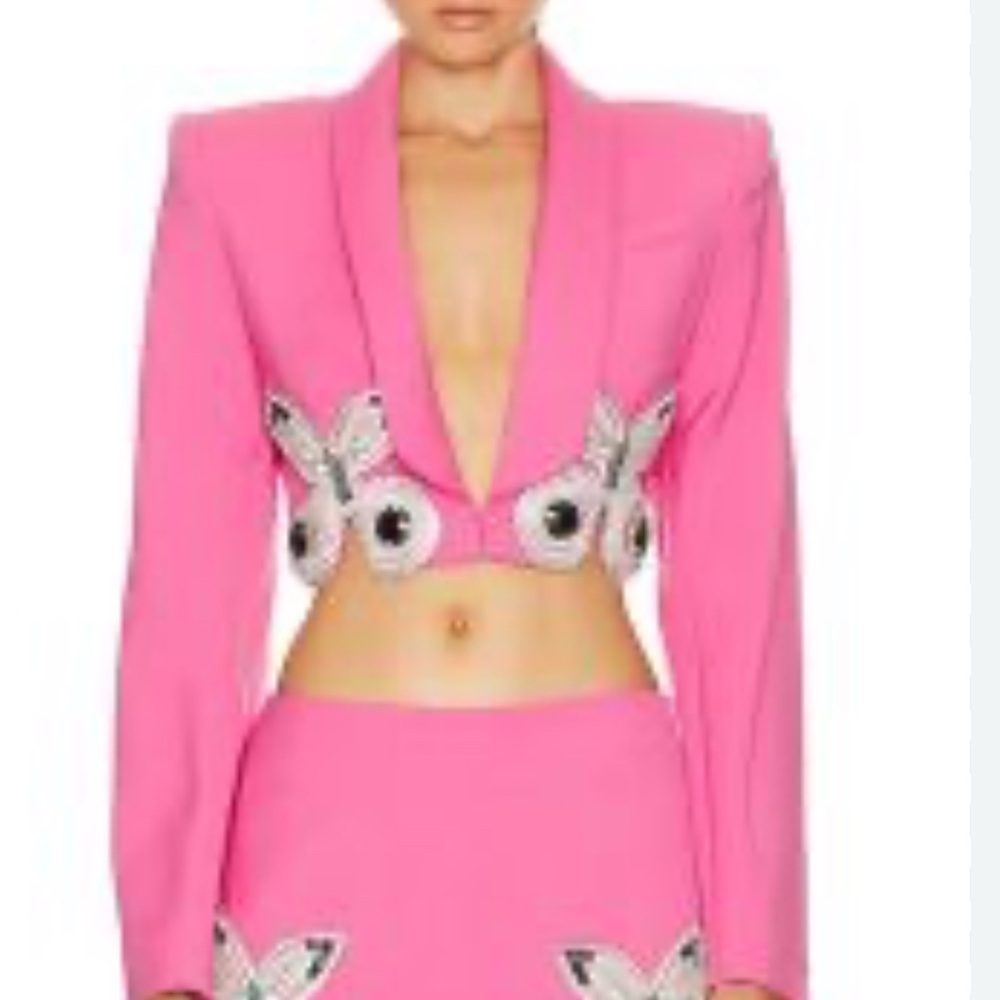 AREA Pink Cropped Blazer with Butterfly Accents